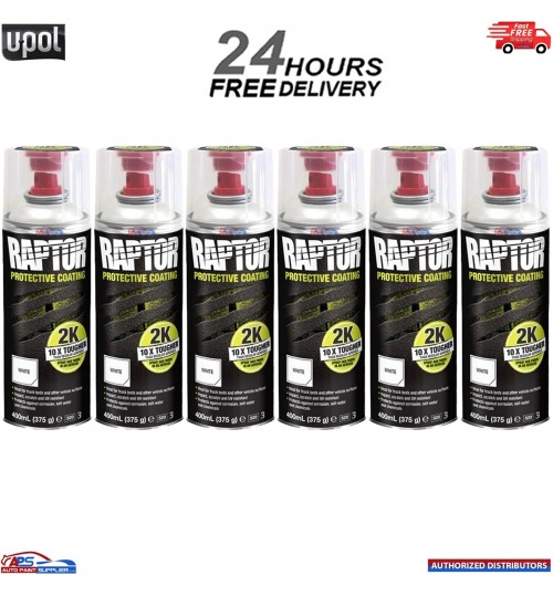 6 X UPOL RAPTOR 2K TOUGH BED LINER U-POL PROTECTOR 400ML AEROSOL - WHITE